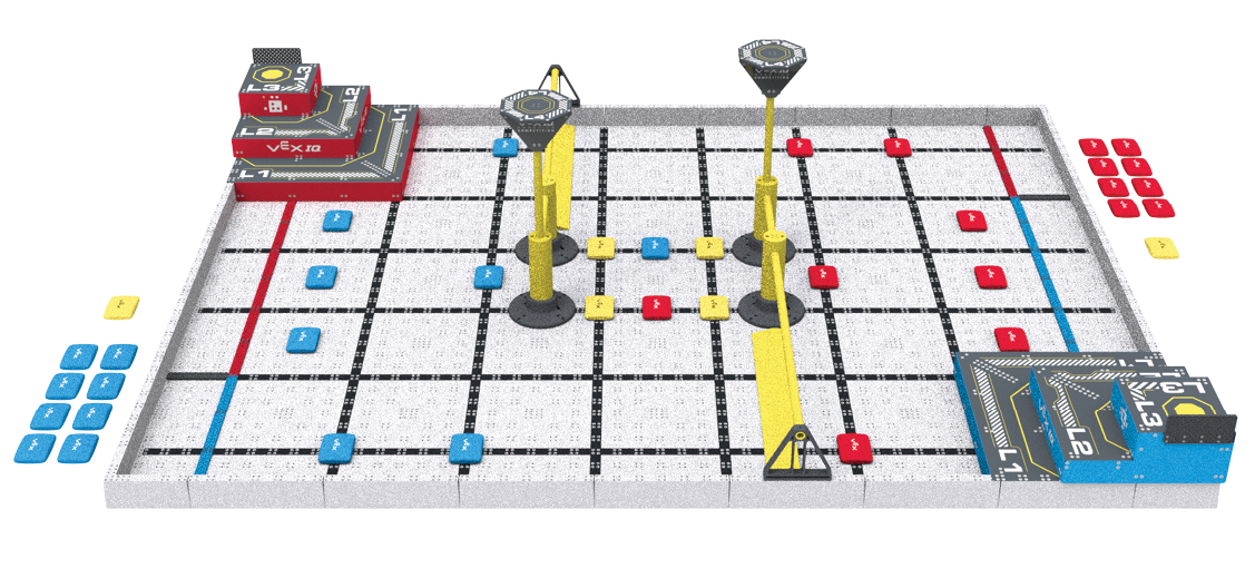 The same Level Up field seen from the side, showing the stepped pyramid corners and the two raised goals