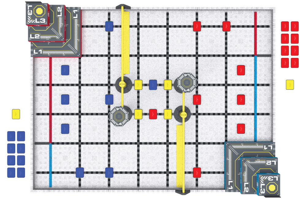 Top-down view of a Level Up field: a red pyramid corner and a blue pyramid corner in opposite corners, two yellow barriers, four round goal bases in the middle, and red, blue and yellow bean bags in their starting positions