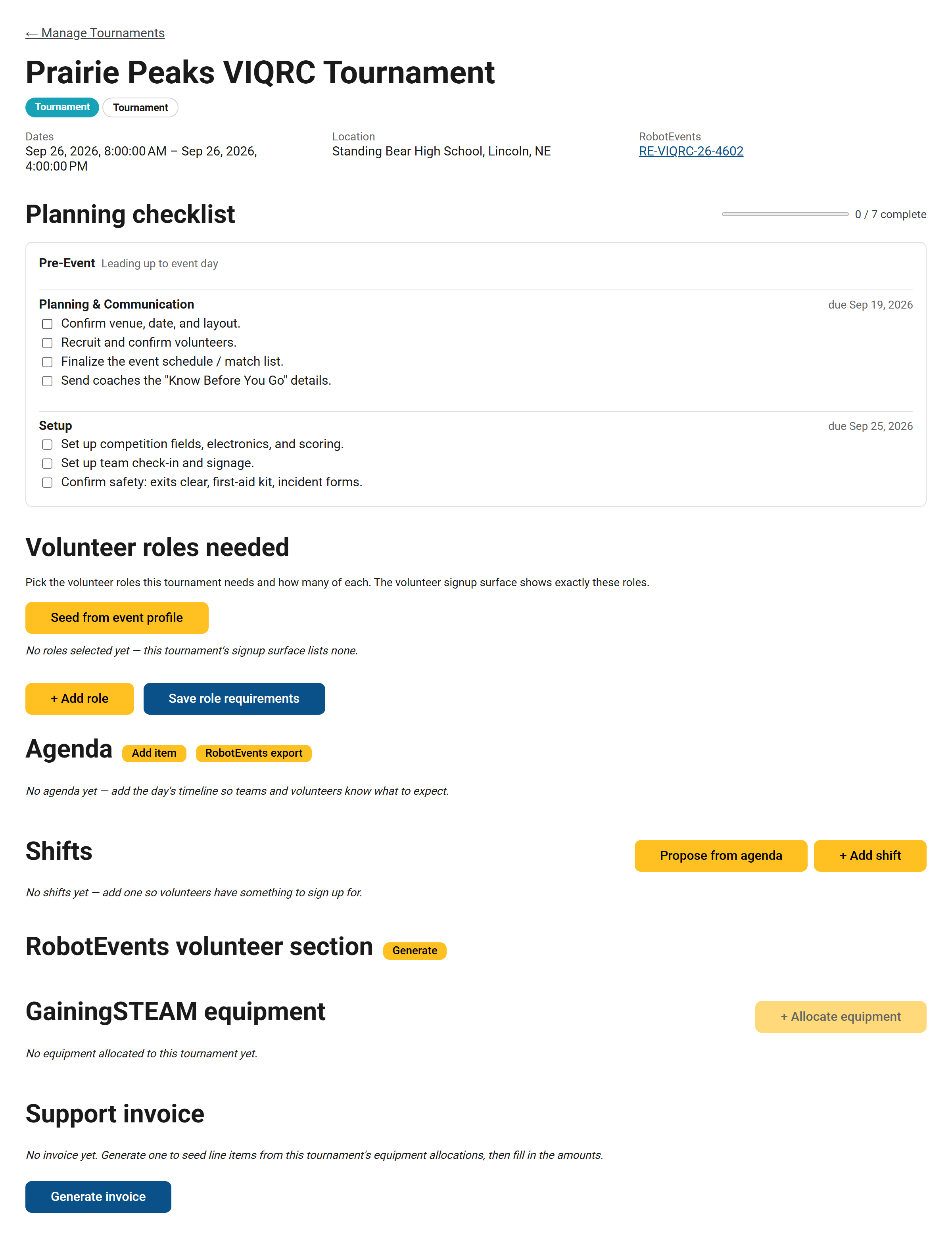 A tournament workspace showing the event header, the area navigation bar, and the planning checklist